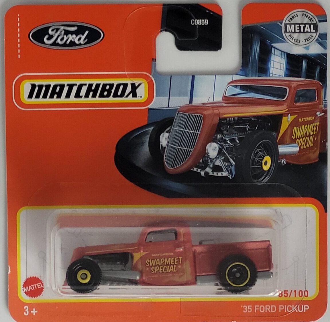 Matchbox Ford Pickup 1935 Modell 85/100, roter Metall‑Druckguss, ca. 6,5×3×2,5–3,5 cm – neues Sammlermodell in OVP im Maßstab 1:64