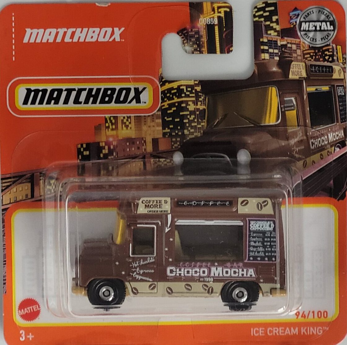 Matchbox Ice Cream King Choco Mocha Modell 94/100, brauner Metall‑Druckguss, ca. 6,5×3×2,5–3,5 cm – neues Sammlermodell in OVP im Maßstab 1:64