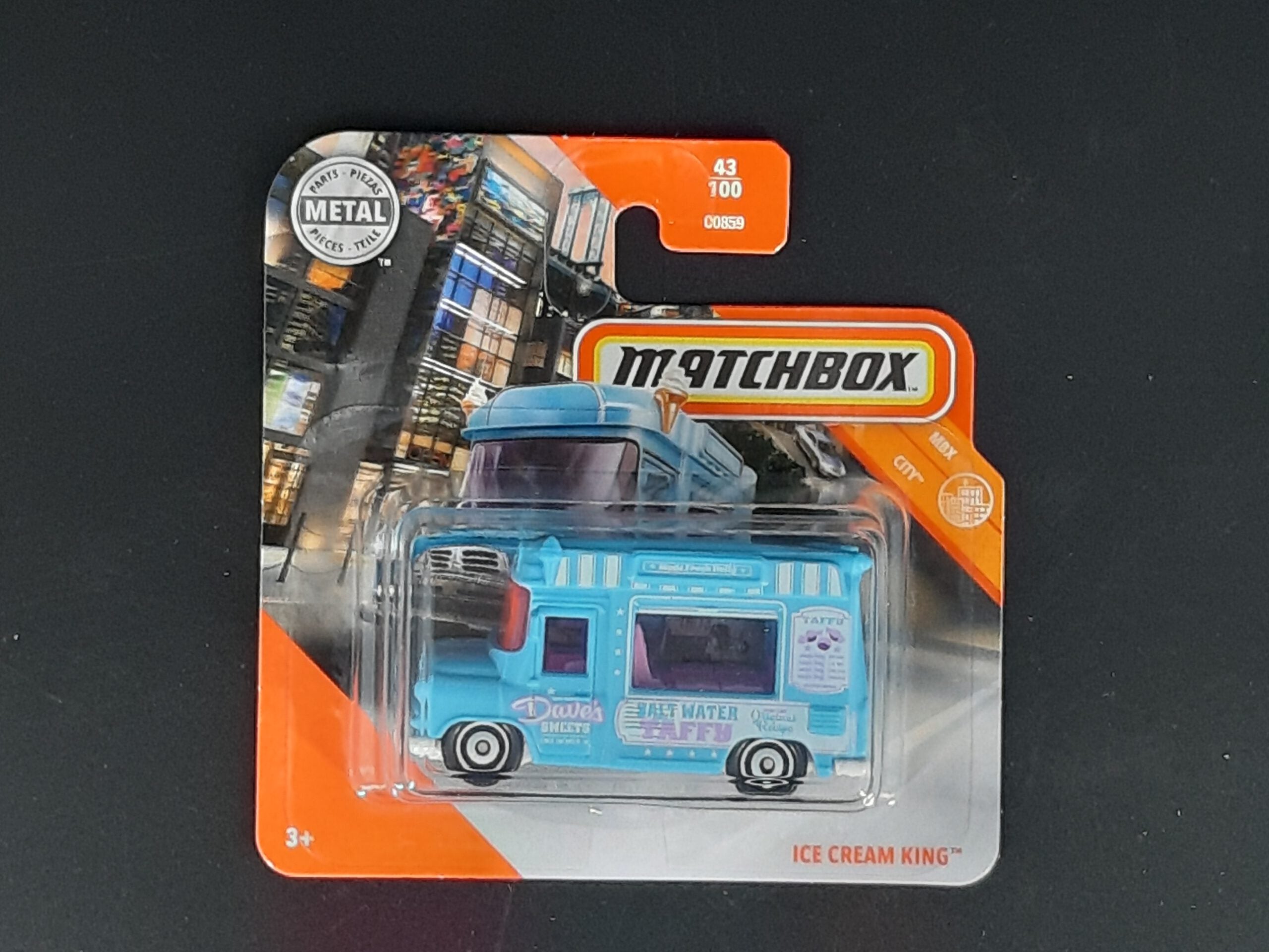 Matchbox Ice Cream King MBX City 43/100, blaues Metall‑Druckguss‑Modell, ca. 6,5×3×2,5–3,5 cm – neues Sammlerstück in OVP im Maßstab 1:64.