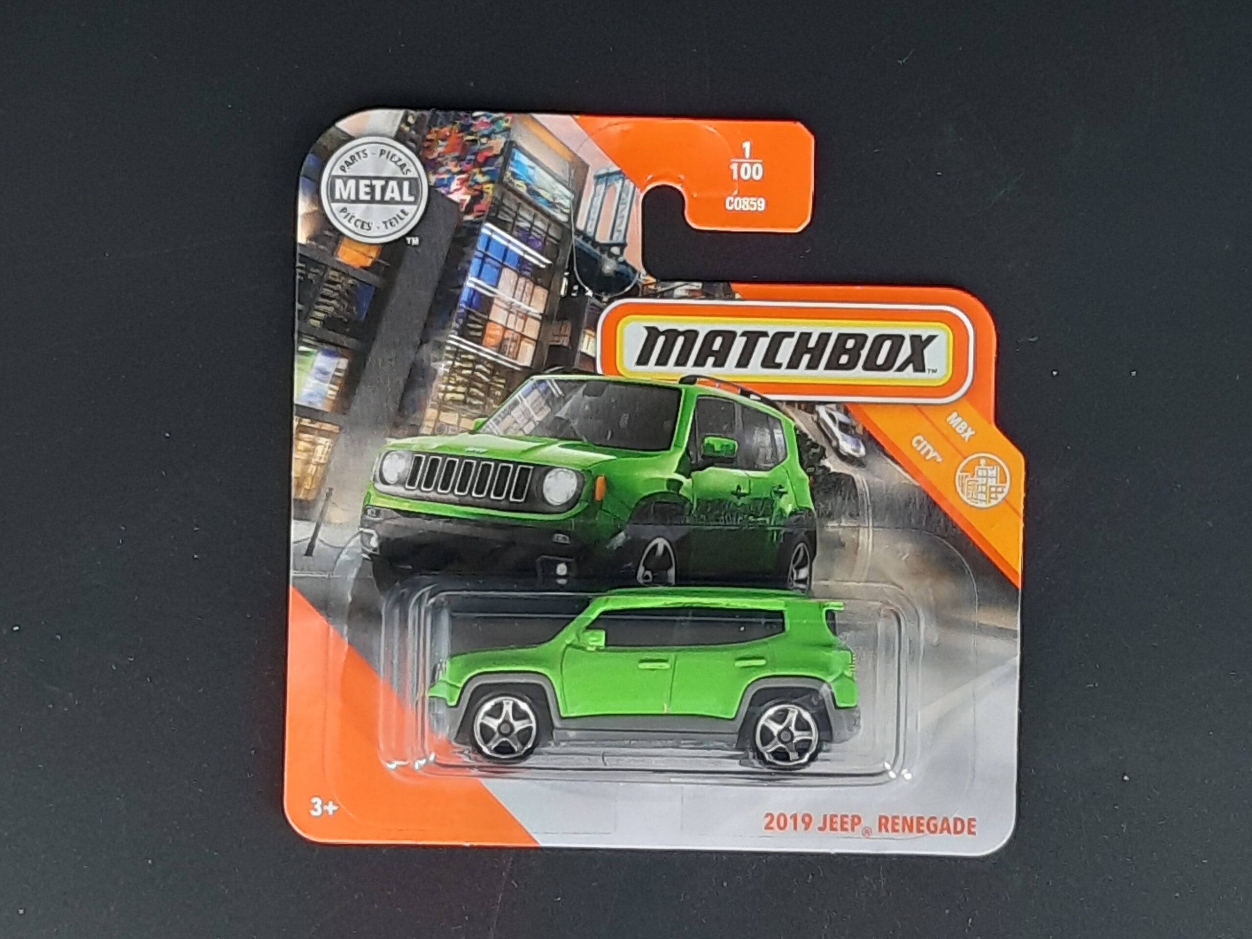Matchbox Jeep Renegade 2019 MBX City 1/100, grüner Metall‑Druckguss, ca. 6,5×3×2,5–3,5 cm – neues Sammlermodell in OVP im Maßstab 1:64