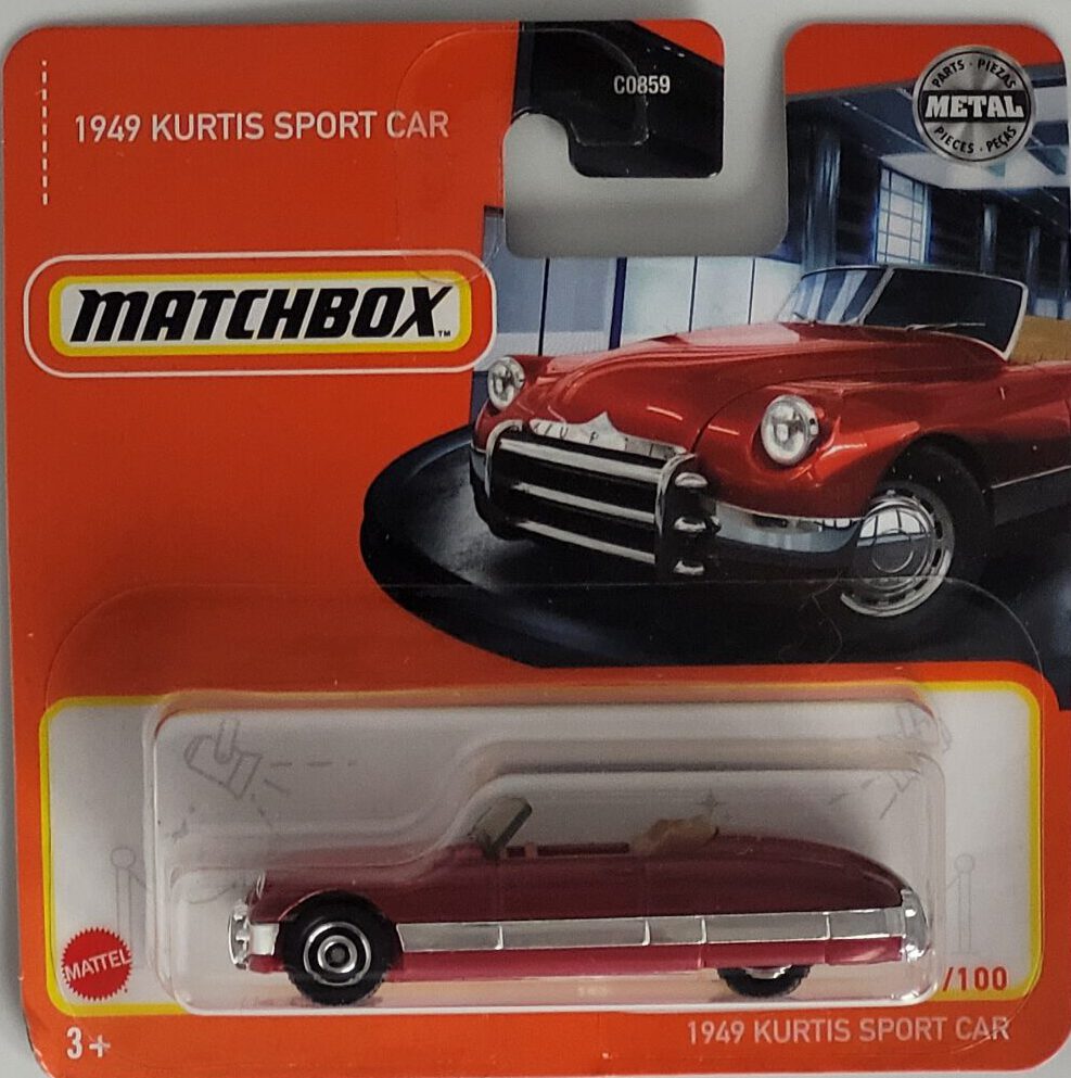 Matchbox Kurtis Sport Car 1949 Modell 28/100, Metall‑Druckguss, rot, ca. 6,5×3×2,5–3,5 cm – neues Sammlermodell in OVP im Maßstab 1:64.