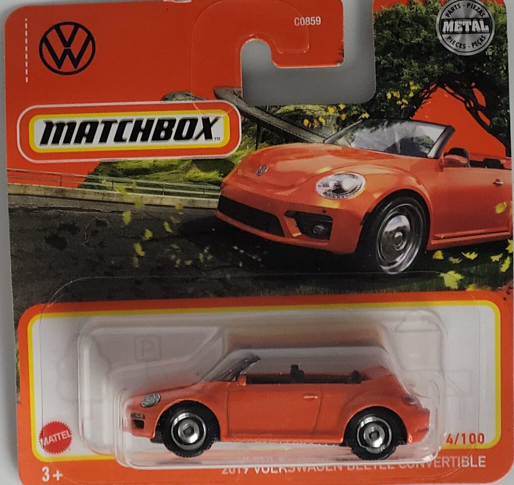 Matchbox VW Beetle Convertible 2019 Modell 14/100, orange, Metall‑Druckguss, ca. 6,5×3×2,5–3,5 cm – neues Sammlermodell in OVP im Maßstab 1:64.