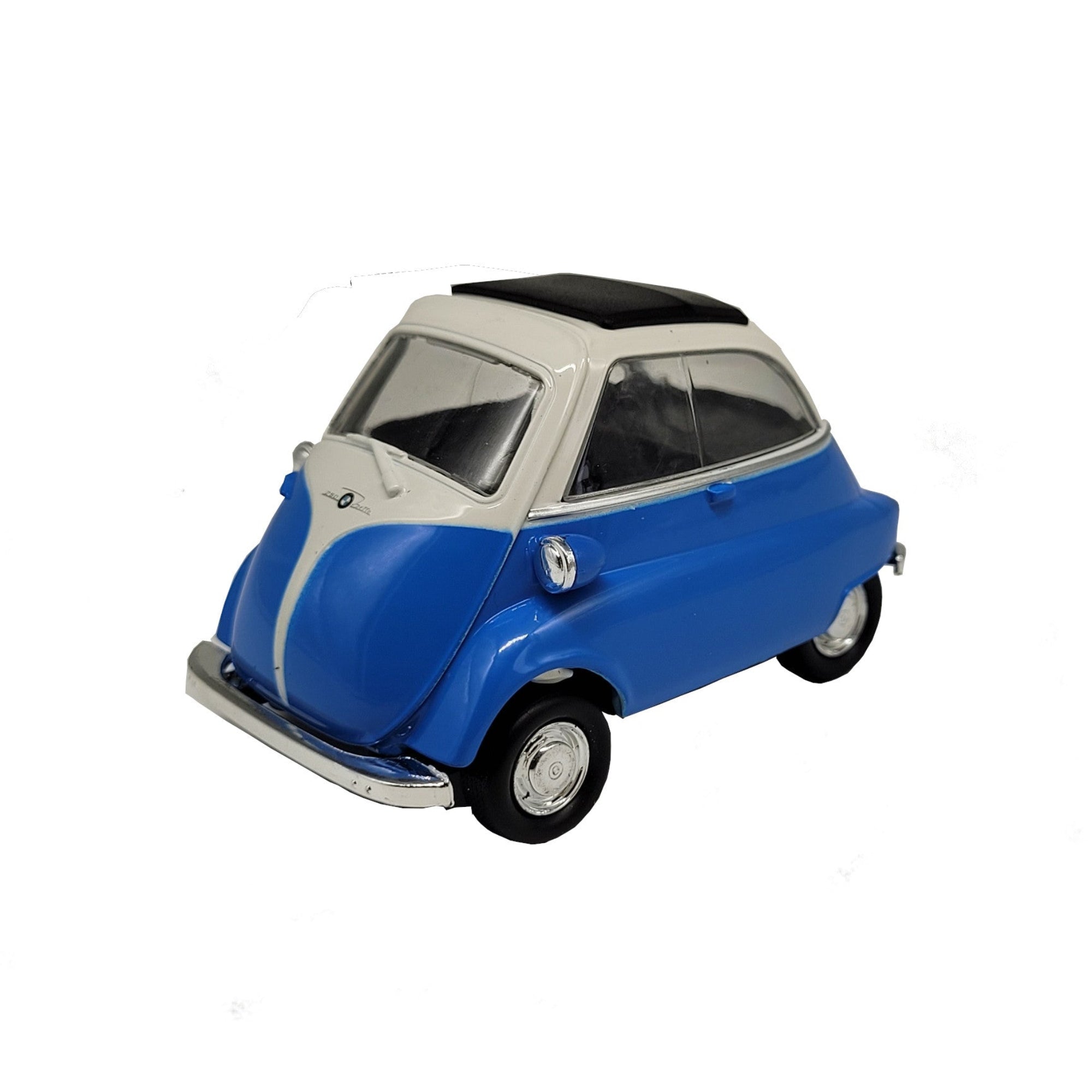 BMW Isetta 1955 Modellauto von Welly, blau, Metall/Kunststoff, ca. 9×5,5×5,5 cm – detailreiches 1:38‑Sammlermodell mit Friktionsmotor.