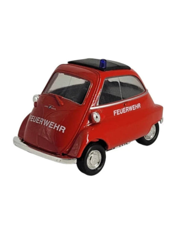 BMW Isetta 1955 Feuerwehr‑Modellauto von Welly, Maßstab 1:38, ca. 9×5,5×5,5 cm, 102 g – detailreiches Metall‑Spritzguss‑Sammlermodell.