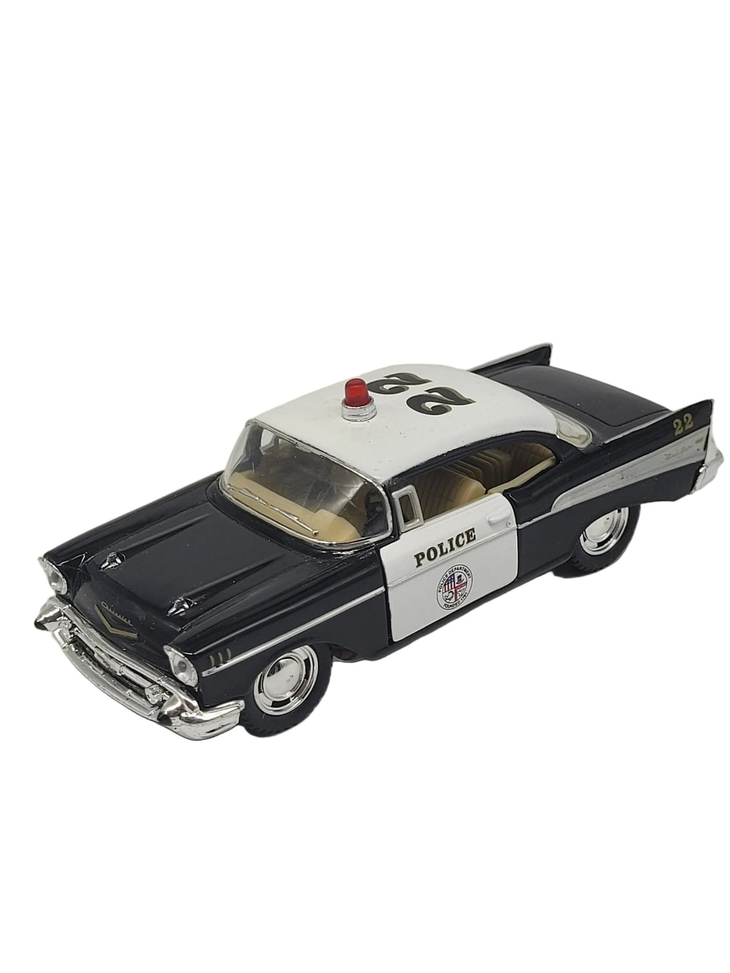 Chevrolet Corvette Bel Air Police 1957 Modellauto, schwarz/weiß, Metall, ca. 13×5×4,5 cm – detailreiches 1:40‑Sammlermodell mit Friktionsmotor.
