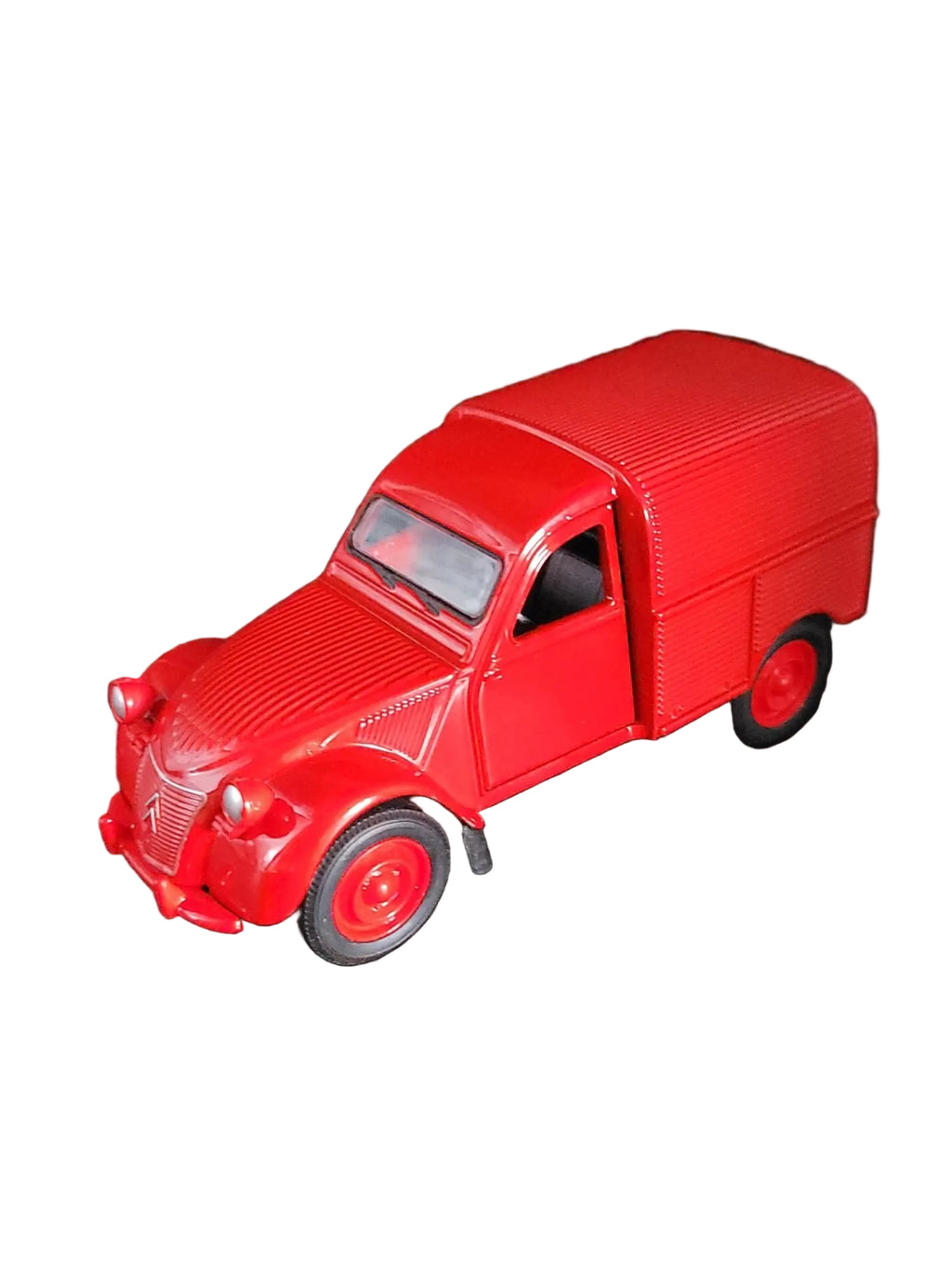 „rotes Modellauto Citroën 2 CV Fourgonette, geschlossen, aus Metall mit Friktionsmotor, im Maßstab 1:36. Das Miniaturfahrzeug misst etwa 12 × 5 × 5,5 cm und zeigt typische Details des klassischen 2CV‑Lieferwagens.“