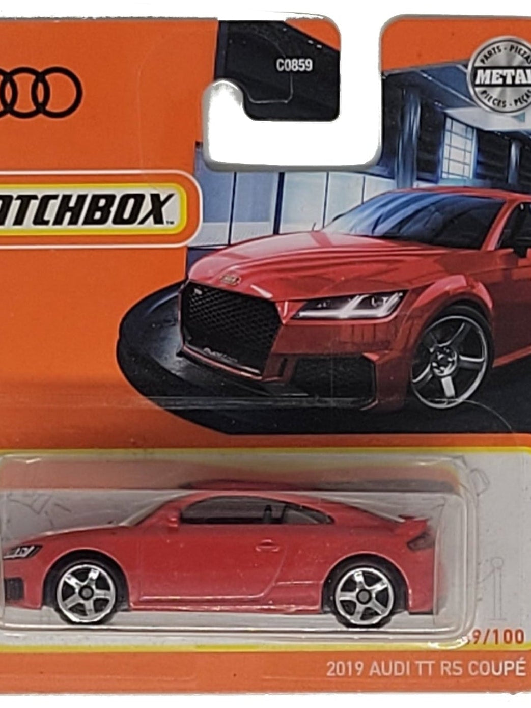 Matchbox Audi TT RS Coupe 2019, rot, Modell 49/100, Metall‑Druckguss, ca. 7,5×3×2,5–3,5 cm – neues 1:64‑Sammlermodell in OVP.