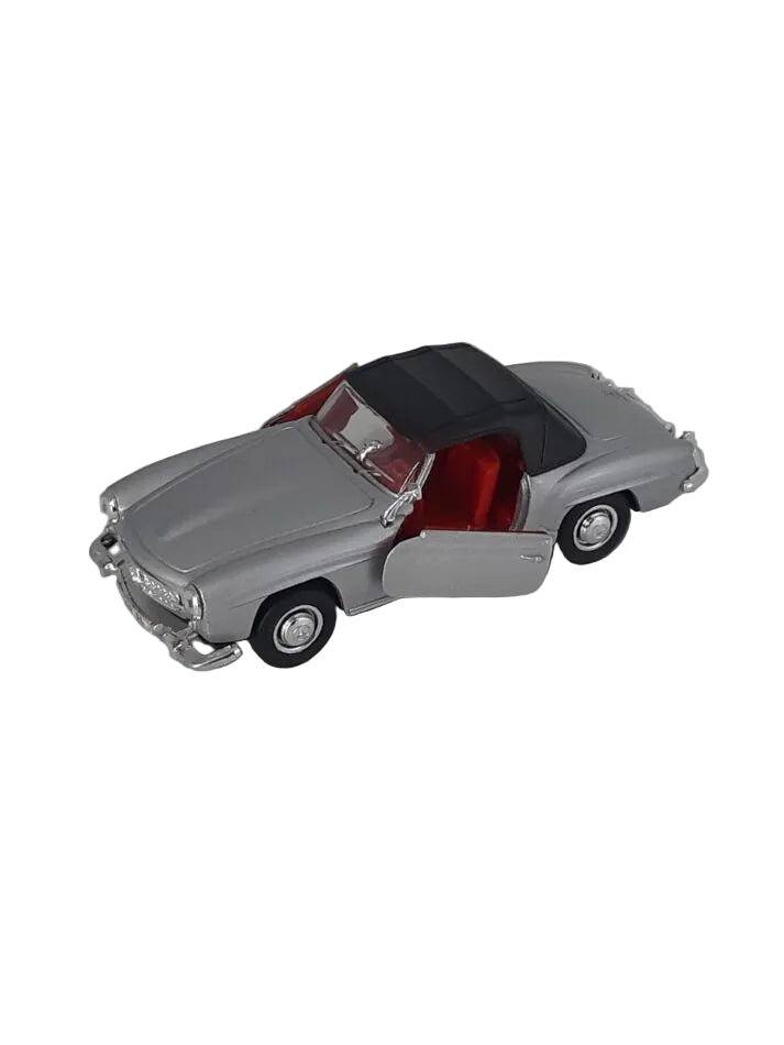 Modellauto Mercedes Benz 190 SL silber 1:36 aus Metall/Kunststoff, ca. 12×5×4 cm – detailreiches Sammlermodell mit Rückzugmotor. Nicht für Kinder von 0 - 3 Jahre Türen