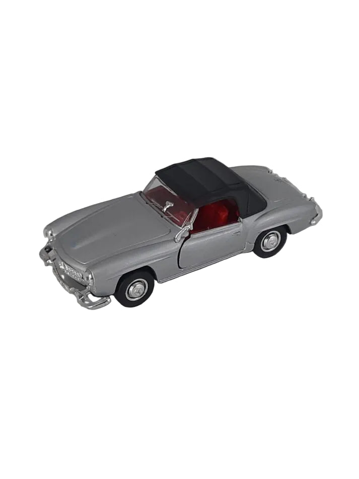 Modellauto Mercedes Benz 190 SL silber 1:36 aus Metall/Kunststoff, ca. 12×5×4 cm – detailreiches Sammlermodell mit Rückzugmotor. Nicht für Kinder von 0 - 3 Jahre