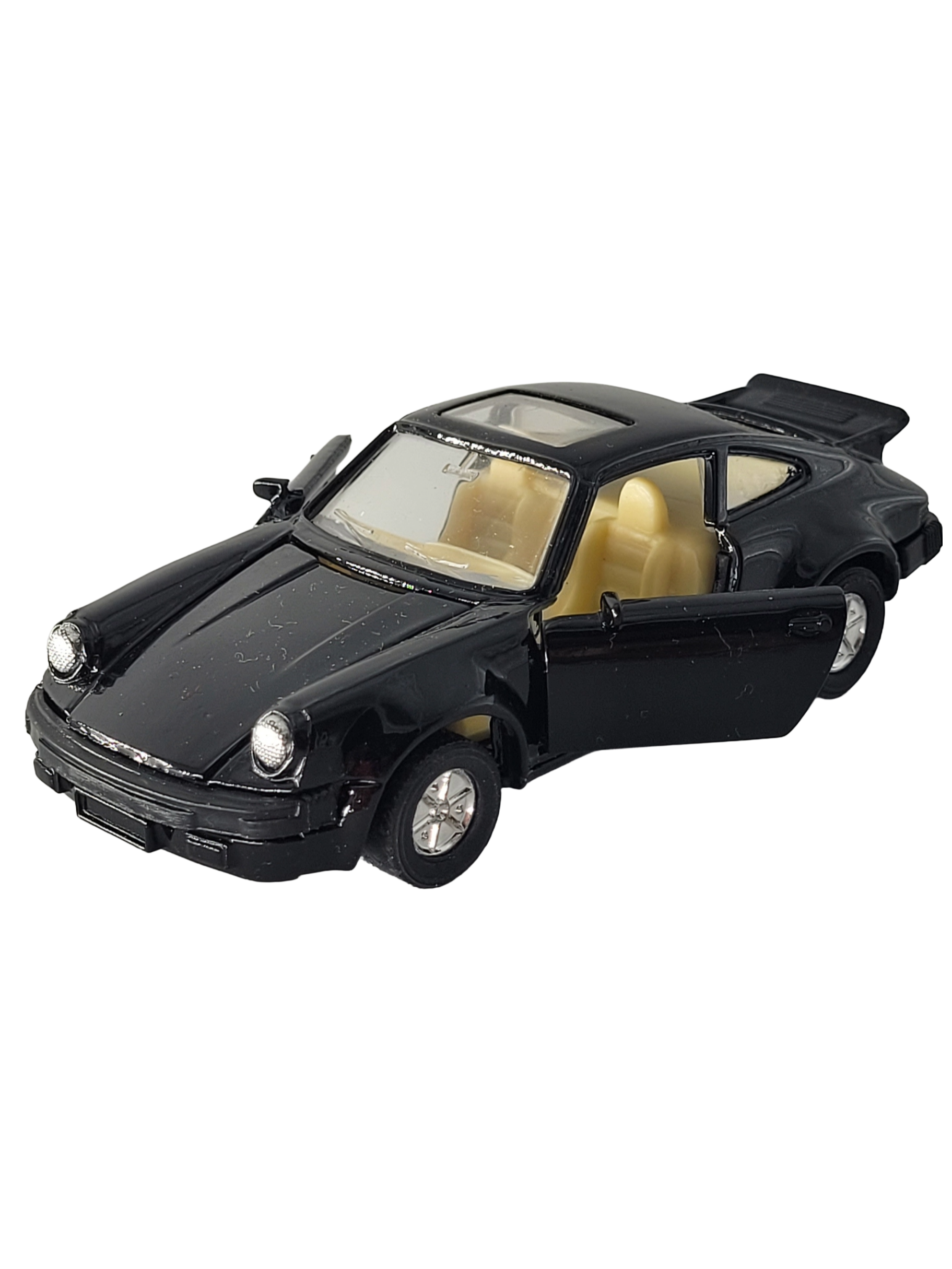 „Modellauto Porsche 911 Turbo von Playbear im Maßstab 1:34–1:39, etwa 12 × 4 × 4,5 cm groß, aus Metall‑Spritzguss mit Kunststoffteilen. Das Miniaturfahrzeug zeigt typische Details des klassischen Porsche‑Sportwagens und ist ein nostalgisches Sammlerstück.“