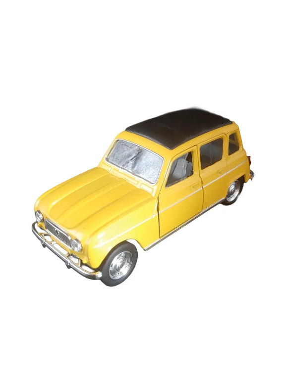 „Gelbes Modellauto Renault R4 von Welly im Maßstab 1:36, etwa 12 × 5 × 5 cm groß und 121 g schwer, aus Metall und Kunststoffteilen. Das Miniaturfahrzeug zeigt typische Details des klassischen Renault‑Kleinwagens und eignet sich als nostalgisches Sammlerstück.“