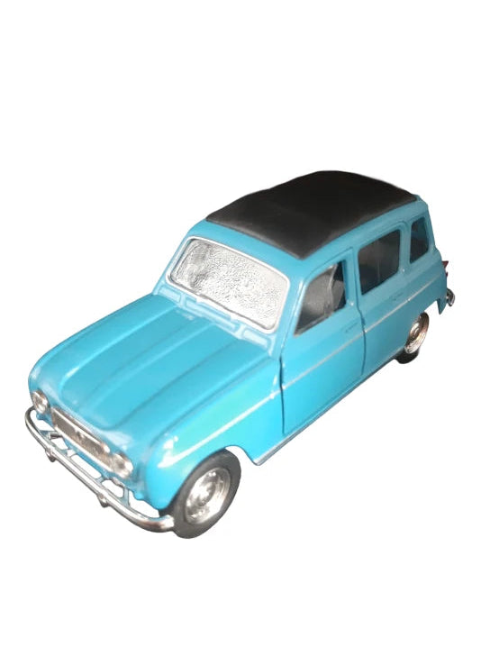 „hellblaues Modellauto Renault R4 von Welly im Maßstab 1:36, etwa 12 × 5 × 5 cm groß und 121 g schwer, aus Metall und Kunststoffteilen. Das Miniaturfahrzeug zeigt typische Details des klassischen Renault‑Kleinwagens und eignet sich als nostalgisches Sammlerstück.“