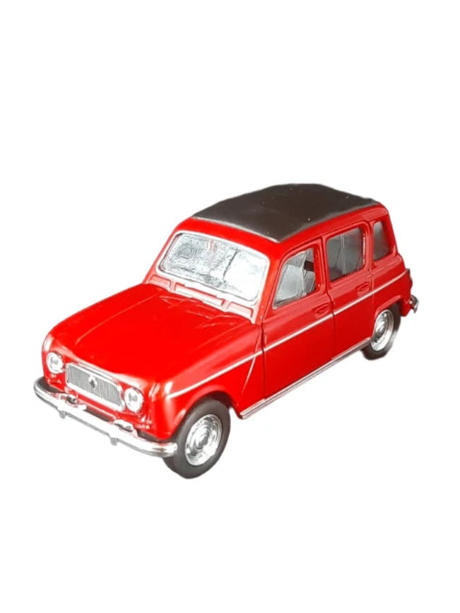 „Rotes Modellauto Renault R4 von Welly im Maßstab 1:36, etwa 12 × 5 × 5 cm groß und 121 g schwer, aus Metall und Kunststoffteilen. Das Miniaturfahrzeug zeigt typische Details des klassischen Renault‑Kleinwagens und eignet sich als nostalgisches Sammlerstück.“