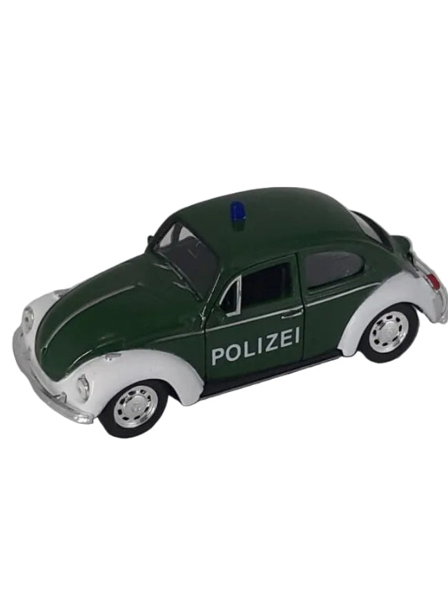 Modellauto VW Käfer Polizei 1:34 aus Metall mit Friktionsmotor, ca. 13×5,5×5,5 cm – detailreiches Sammlermodell - neu. Kleinkinder 0 - 3 verboten