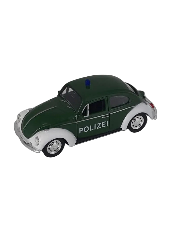 Modellauto VW Käfer Polizei 1:34 aus Metall mit Friktionsmotor, ca. 13×5,5×5,5 cm – detailreiches Sammlermodell - neu. Kleinkinder 0 - 3 verboten