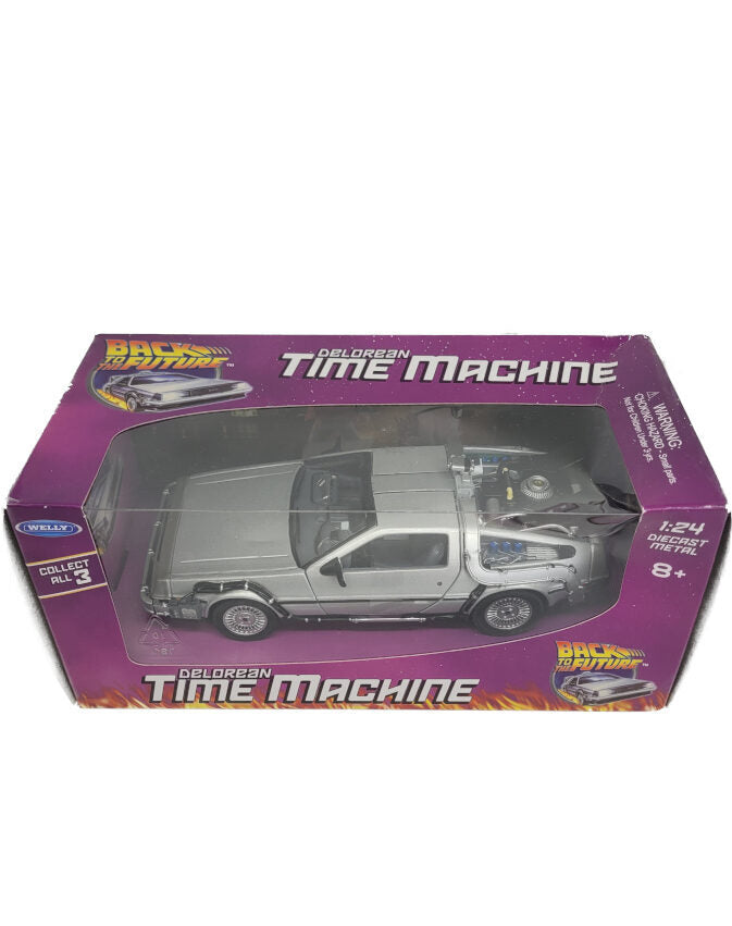 Modellauto DeLorean 1:24 von Welly, Nachbildung aus „Zurück in die Zukunft“, silberfarben, originalverpackt, Sammlerstück mit hoher Detailtreue