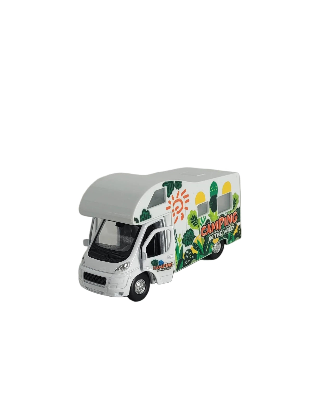 Welly Camper Van Modellauto mit geöffneter Fahrertür auf weißem Hintergrund.