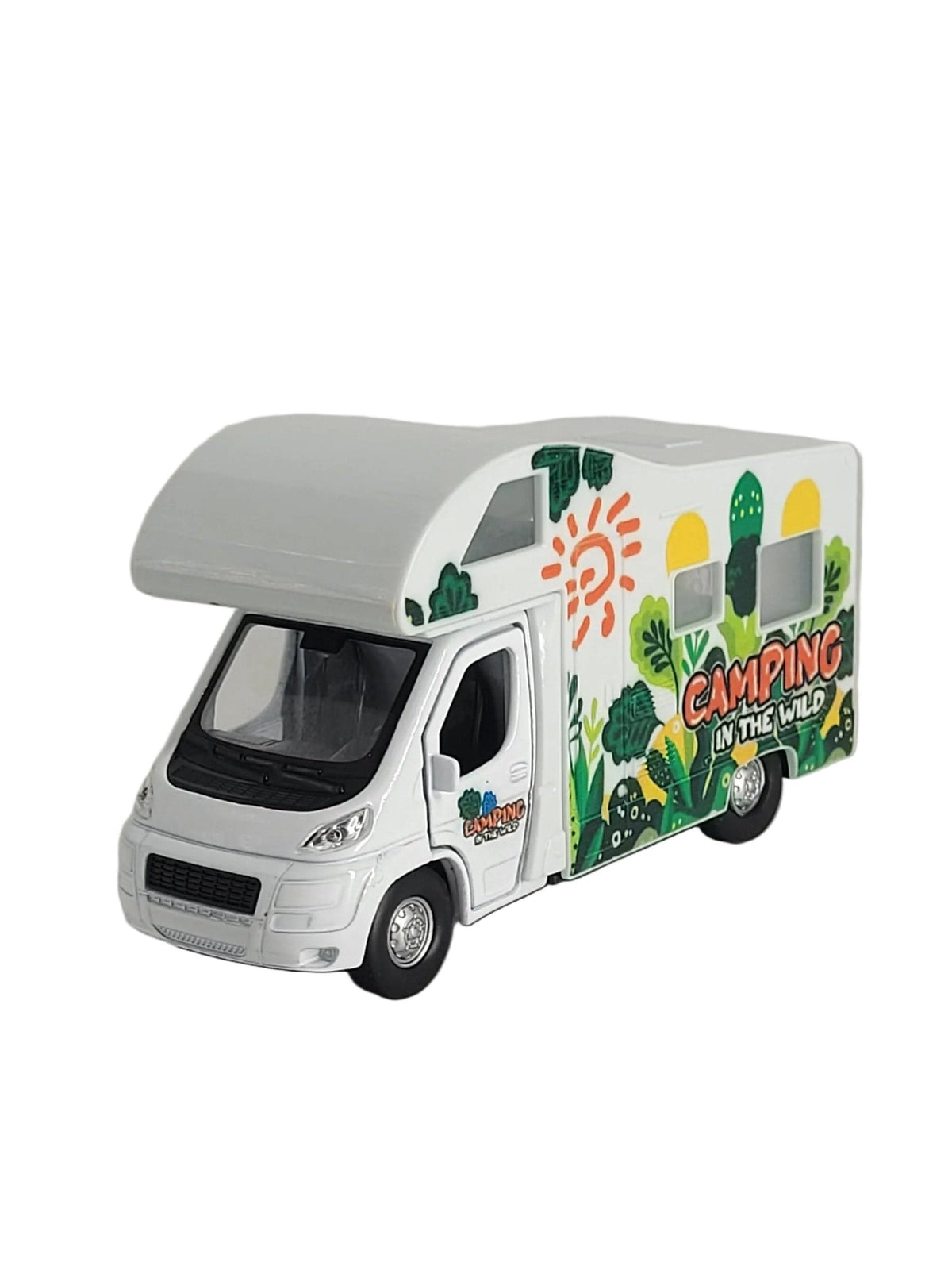 Weißes Welly Die-Cast Modell-Wohnmobil mit grünen Pflanzenaufdrucken  von schräg vorne.