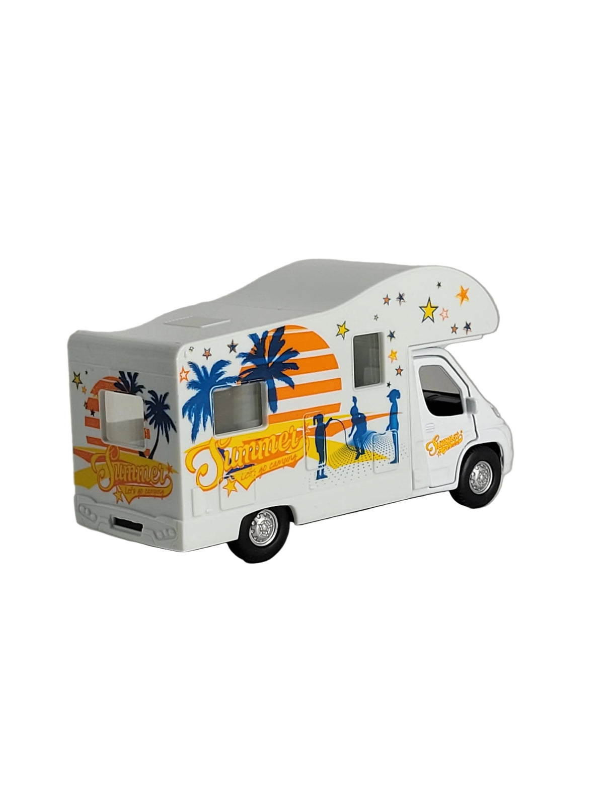 Rückansicht des Welly Modell-Wohnmobils mit Sommer-Aufdruck am Heck und an der Seitenwand.