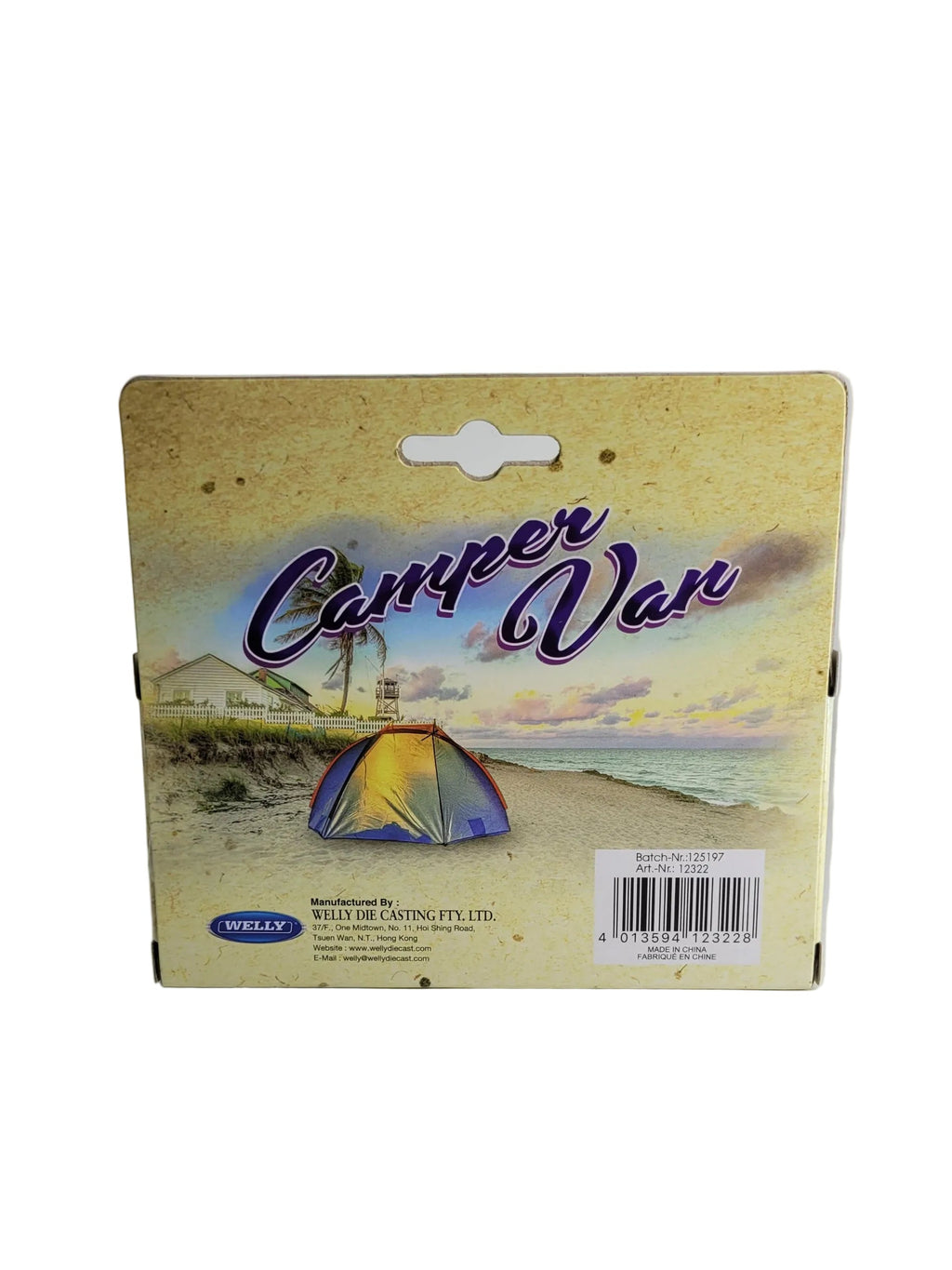 Rückseite der Welly Camper Van Verpackung mit Strandmotiv, Barcode 4013594123228 und Artikelnummer 12322.