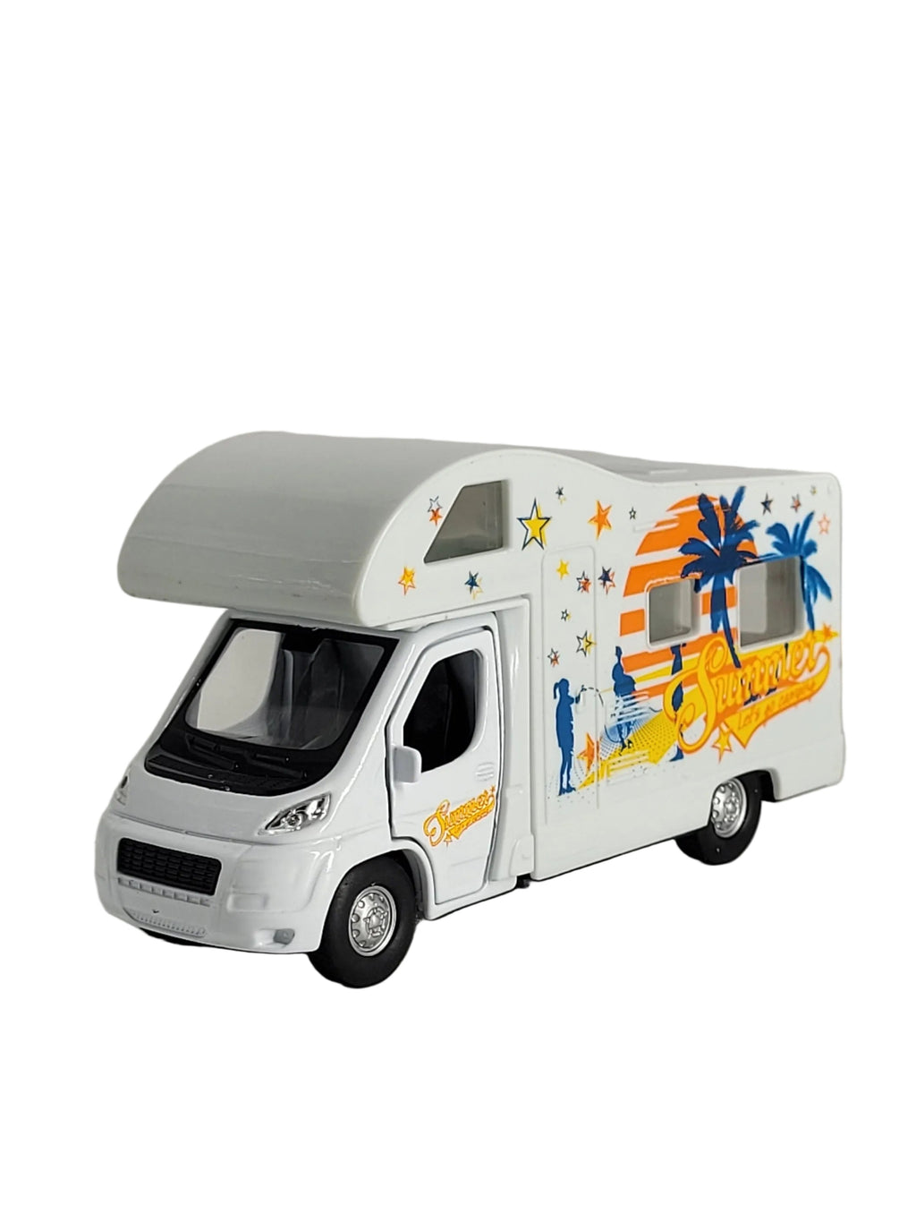 Weißes Welly Die-Cast Modell-Wohnmobil mit bunten Palmen- und Sonnenaufdrucken von schräg vorne.