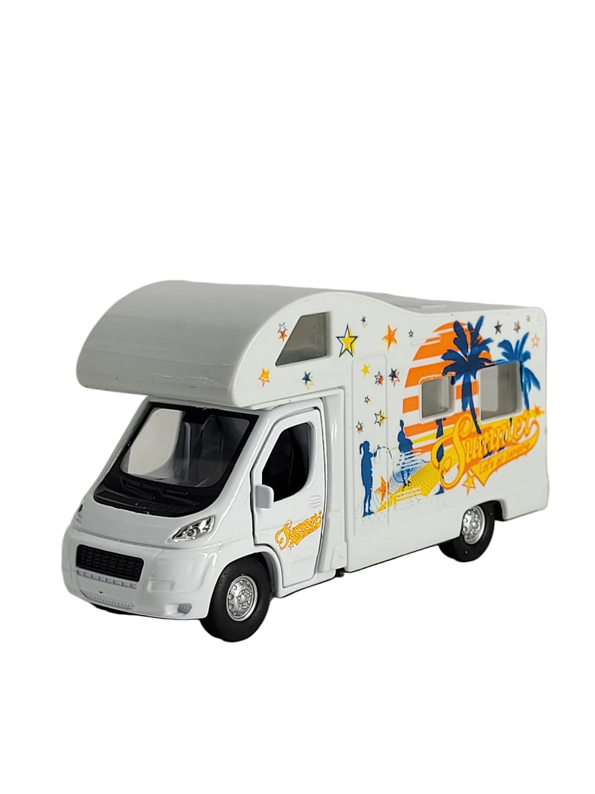 Weißes Welly Die-Cast Modell-Wohnmobil mit bunten Palmen- und Sonnenaufdrucken von schräg vorne.