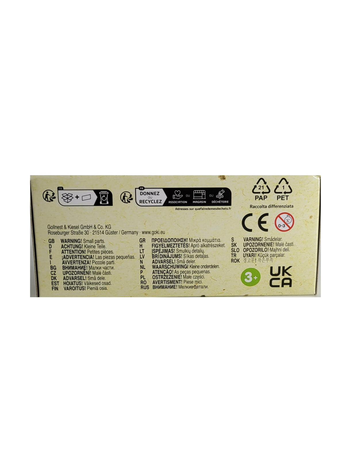 Unterseite der Welly Verpackung mit Herstellerangaben der Gollnest & Kiesel GmbH, CE-Zeichen und Warnhinweisen.