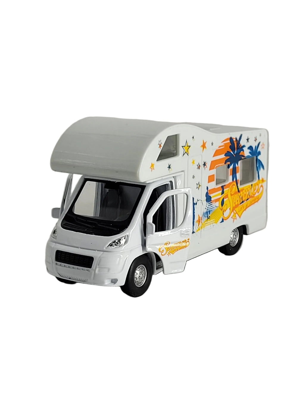 Welly Camper Van Modellauto mit geöffneter Fahrertür auf weißem Hintergrund.