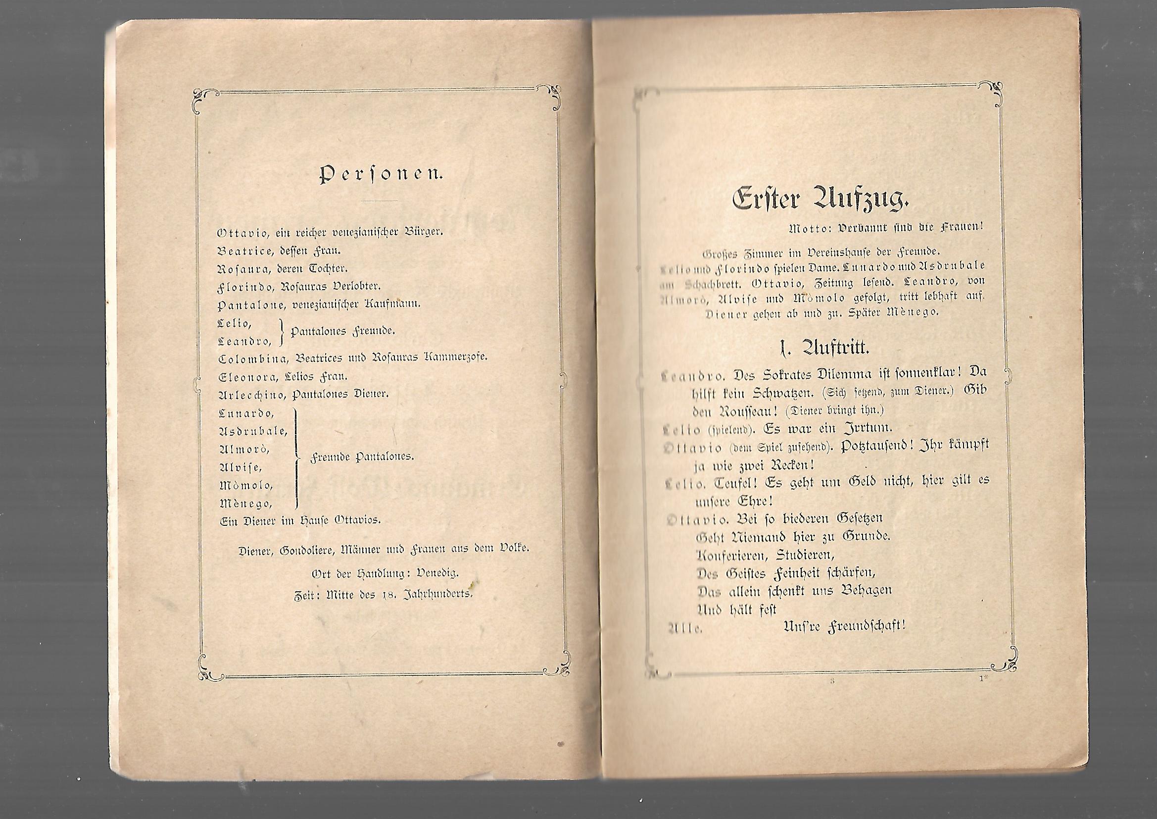 Musik Ermanno Textbuch Wolf-Ferrarai Die neugierigen Frauen - Le donne curiose Musikalische Komödie nach Carlo Goldoni von Graf Dr Luigi Sugana Josef Weinberger Verlag 1903