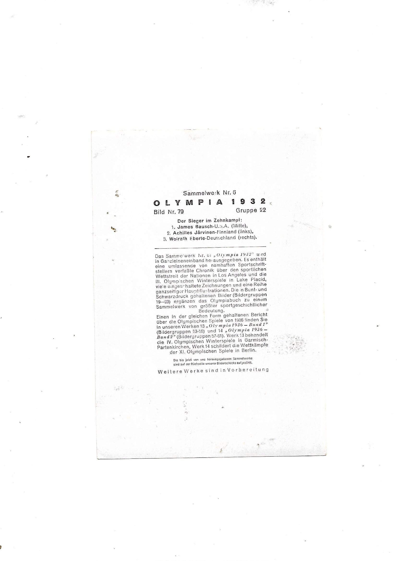 Sammelbild James Bausch (USA) Zehnkampf Sammelwerk Nr. 6 Olympia 1932