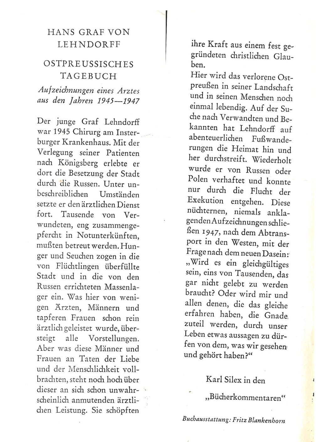 Ostpreußen Hans Graf von Lehndorff - Ostpreußisches Tagebuch - Bücherbund 1961