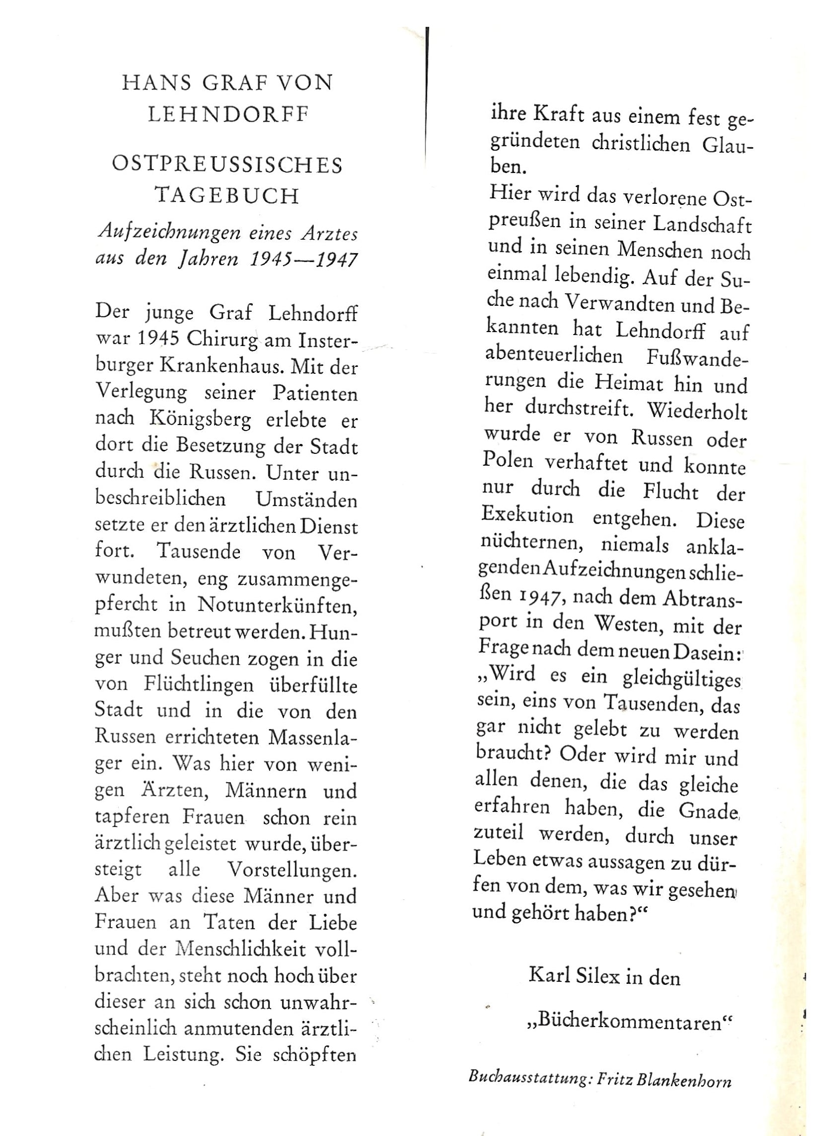 Ostpreußen Hans Graf von Lehndorff - Ostpreußisches Tagebuch - Bücherbund 1961