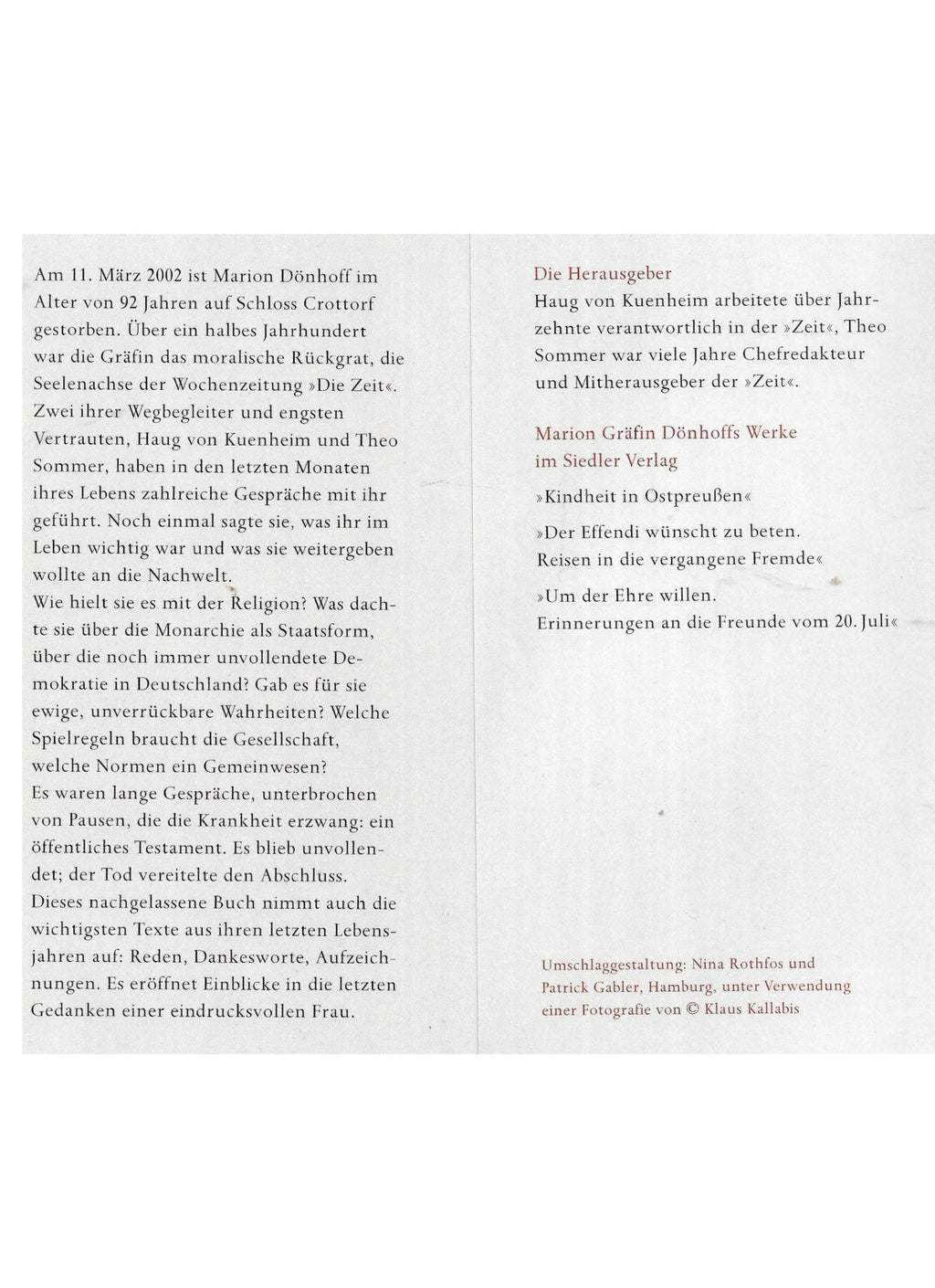 Ostpreußen Marion Gräfin Dönhoff - Was mir wichtig war - Siedler 2002