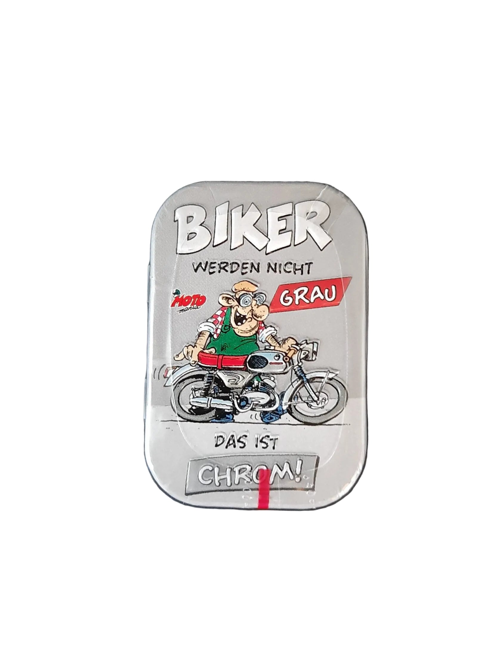 Pfefferminzbonbons in praktischer Metalldose, Zuckerfreie Pfefferminzpastillen mit Süßungsmitteln (hergestellt in Deutschland) Motiv: Comic-Art Biker werden nicht grau, das ist chrom