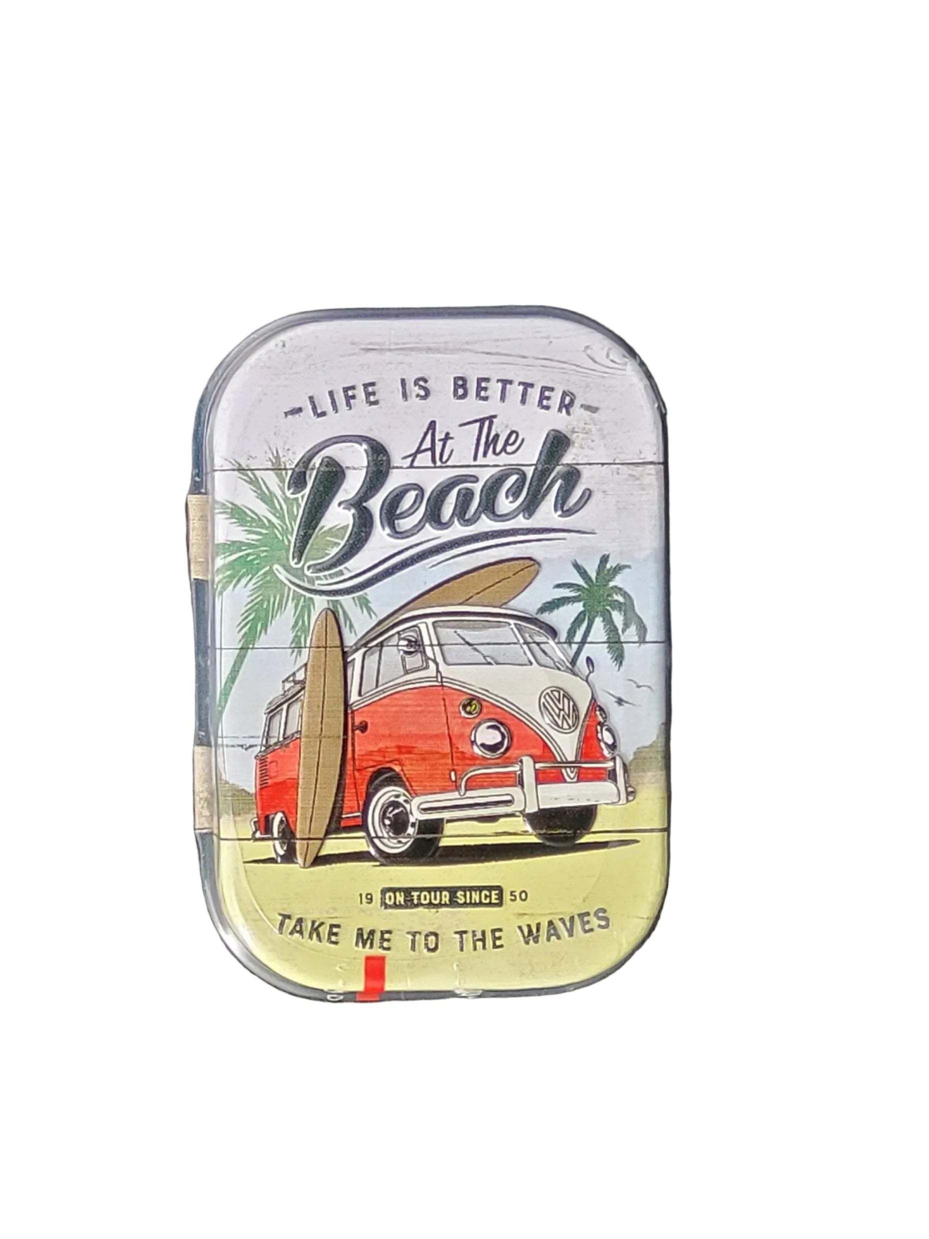 Pfefferminzbonbons in praktischer Metalldose, Zuckerfreie Pfefferminzpastillen mit Süßungsmitteln (hergestellt in Deutschland) Motiv: VW Bulli rot weiß am Strand mit Surfbrett