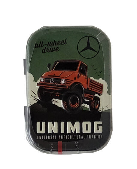 Pfefferminzbonbons in praktischer Metalldose, Zuckerfreie Pfefferminzpastillen mit Süßungsmitteln (hergestellt in Deutschland) Motiv: Unimog im Gelände