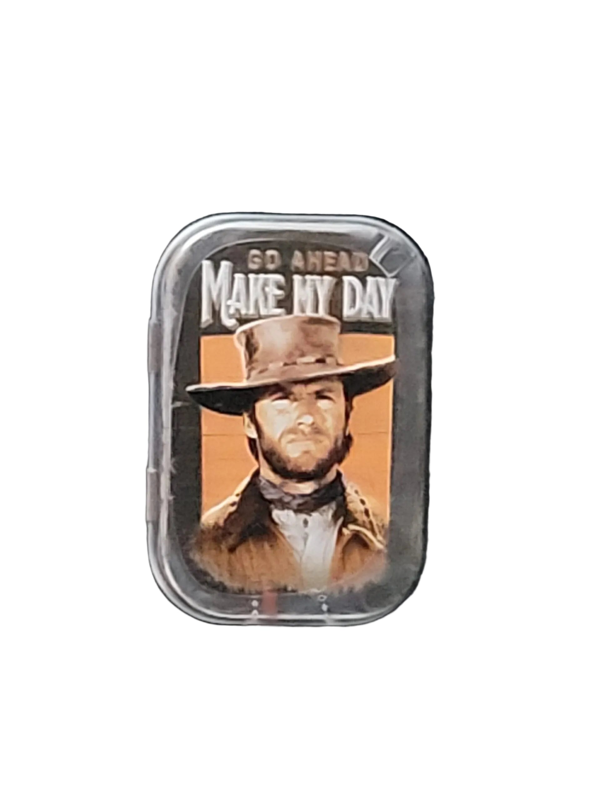 Pfefferminzbonbons in praktischer Metalldose, Zuckerfreie Pfefferminzpastillen mit Süßungsmitteln (hergestellt in Deutschland) Motiv: Clint Eastwood im Cowboy-Look