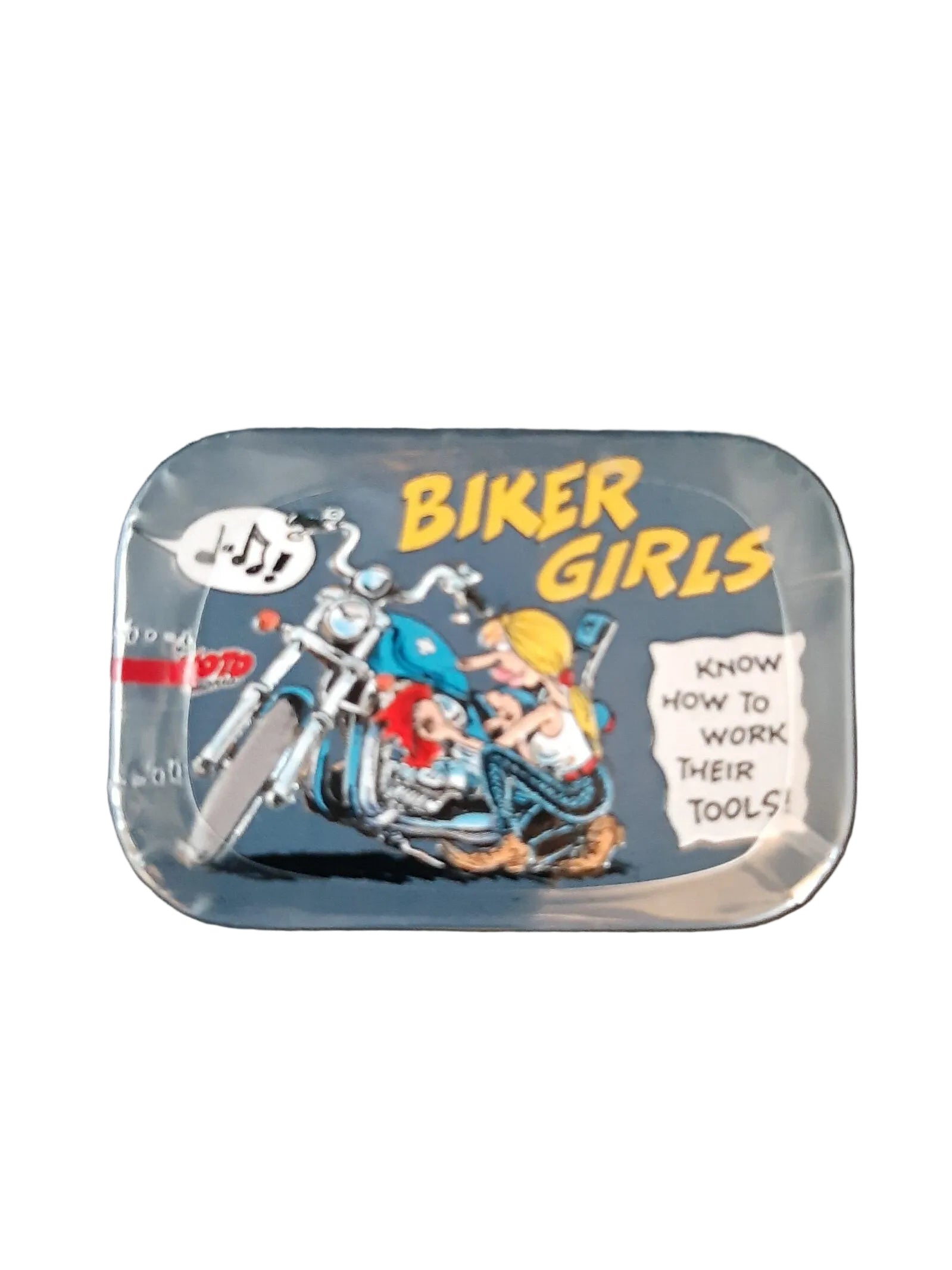 Pfefferminzbonbons in praktischer Metalldose, Zuckerfreie Pfefferminzpastillen mit Süßungsmitteln (hergestellt in Deutschland) Motiv: Biker Girl vor Motorrad - Comic-Art