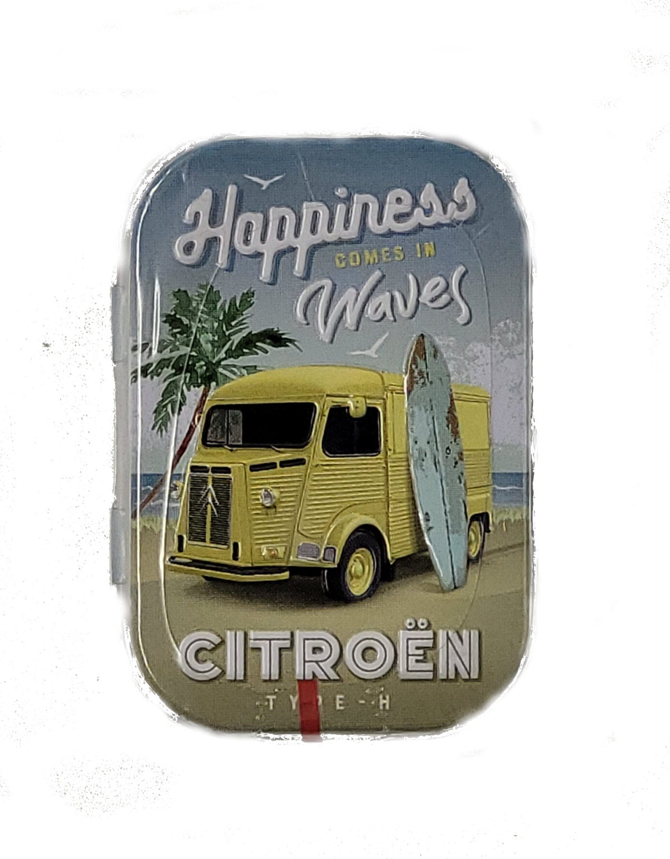 Pfefferminzbonbons in praktischer Metalldose, Zuckerfreie Pfefferminzpastillen mit Süßungsmitteln (hergestellt in Deutschland) Motiv: Citroen - Type H gelb angelehnt ein Surfbrett