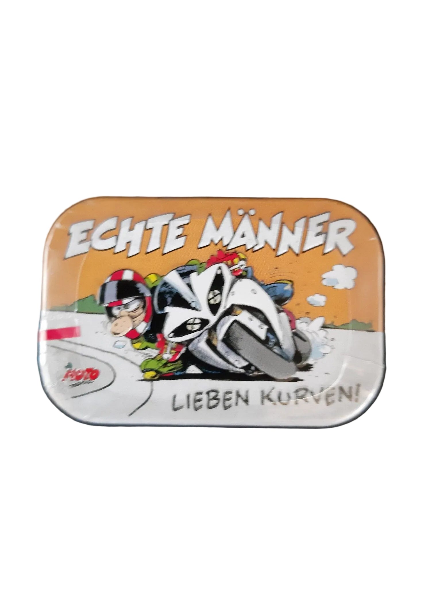Pfefferminzbonbons in praktischer Metalldose, Zuckerfreie Pfefferminzpastillen mit Süßungsmitteln (hergestellt in Deutschland) Motiv: Comic-Art Motorrad in der Kurve