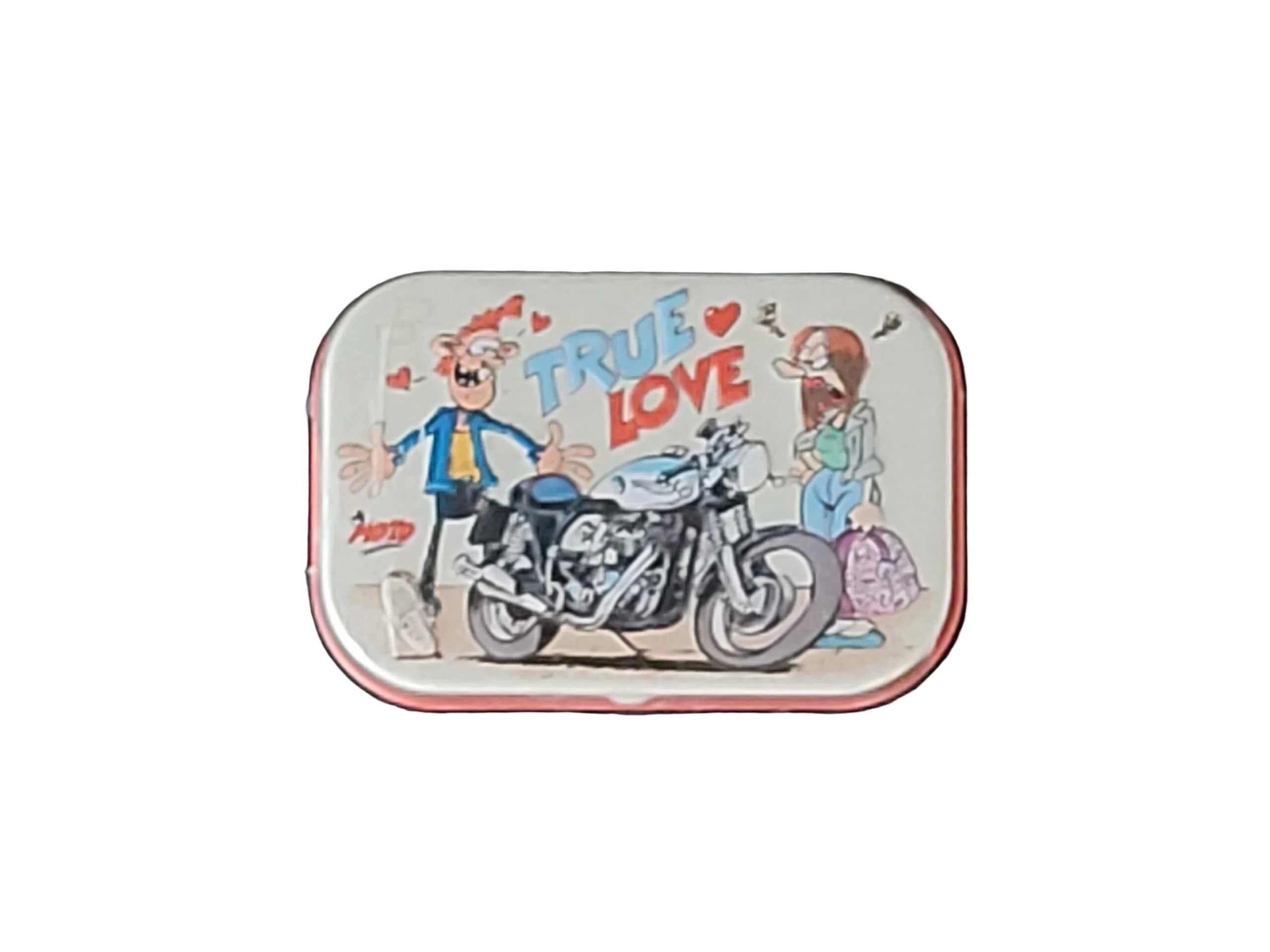 Pfefferminzbonbons in praktischer Metalldose, Zuckerfreie Pfefferminzpastillen mit Süßungsmitteln (hergestellt in Deutschland) Motiv: Motomania True Love Comic Motiv