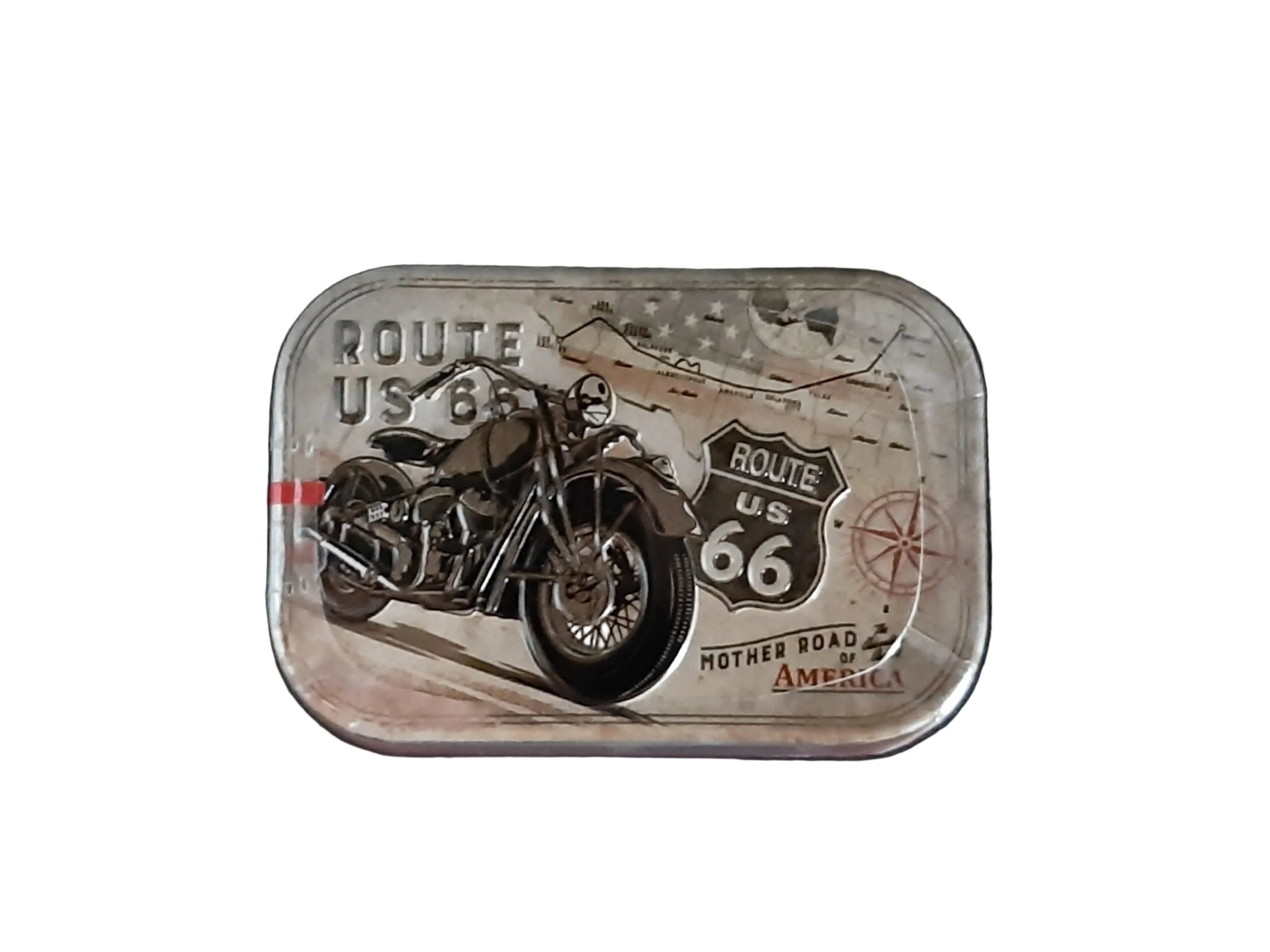 Pfefferminzbonbons in praktischer Metalldose, Zuckerfreie Pfefferminzpastillen mit Süßungsmitteln (hergestellt in Deutschland) Motiv: Motorrad im Hintergrund mappe Route 66