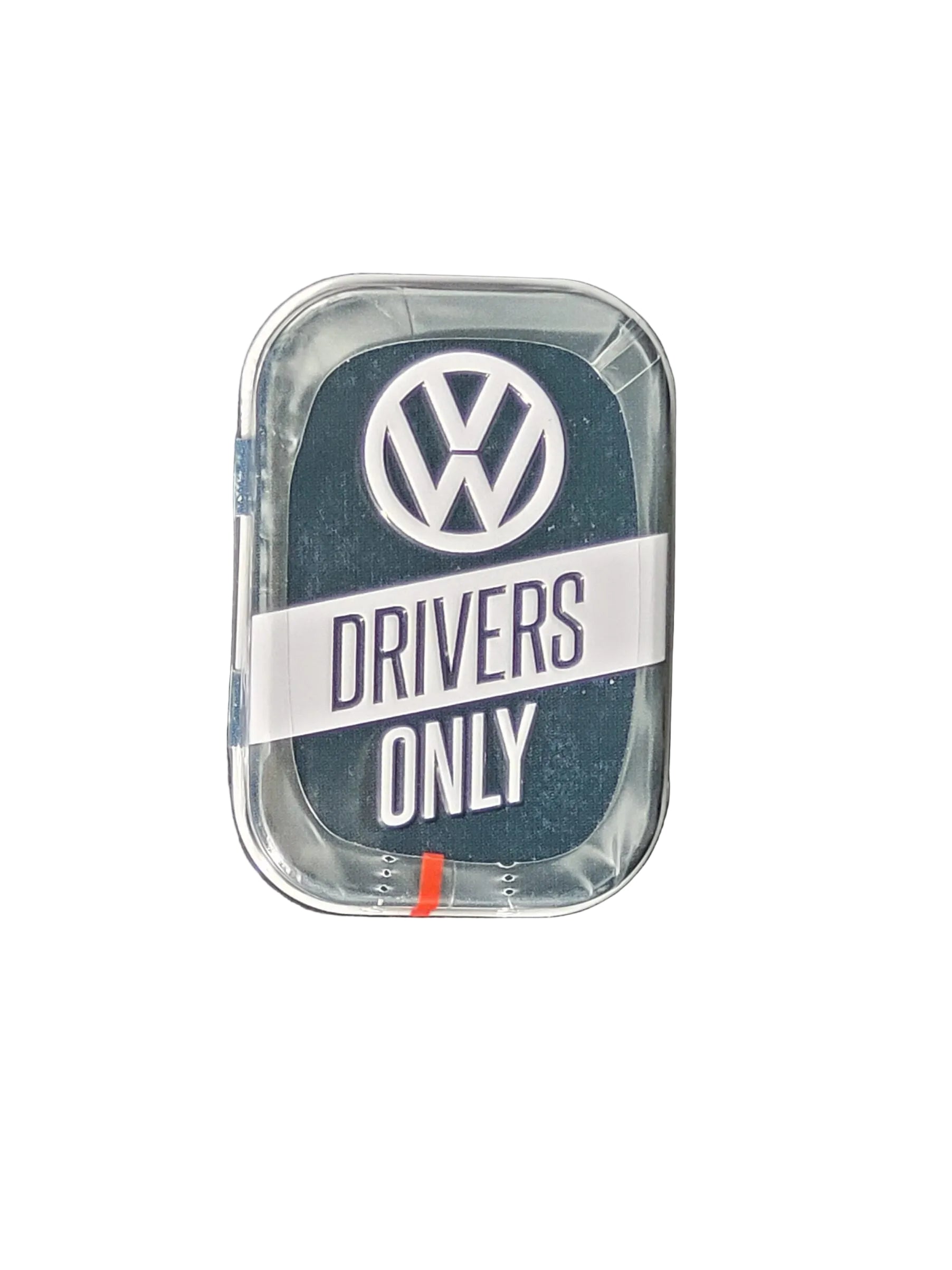 Pfefferminzbonbons in praktischer Metalldose, Zuckerfreie Pfefferminzpastillen mit Süßungsmitteln (hergestellt in Deutschland) Motiv: VW Logo Drivers only blauer Hintergrund