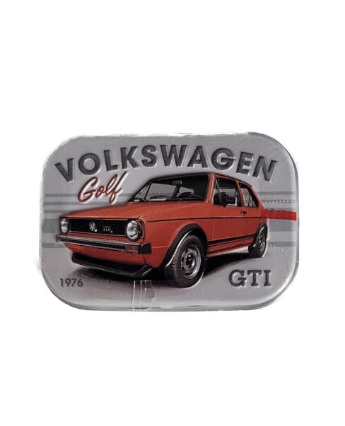 Pfefferminzbonbons in praktischer Metalldose, Zuckerfreie Pfefferminzpastillen mit Süßungsmitteln (hergestellt in Deutschland) Motiv: VW Golf GTI 1976