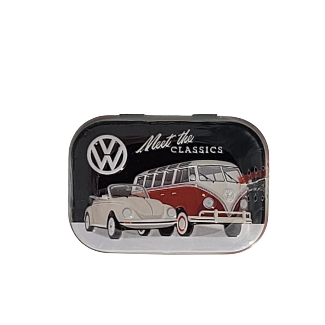 Pfefferminzbonbons in praktischer Metalldose, Zuckerfreie Pfefferminzpastillen mit Süßungsmitteln (hergestellt in Deutschland) Motiv: Käfer Cabrio und VW Bus