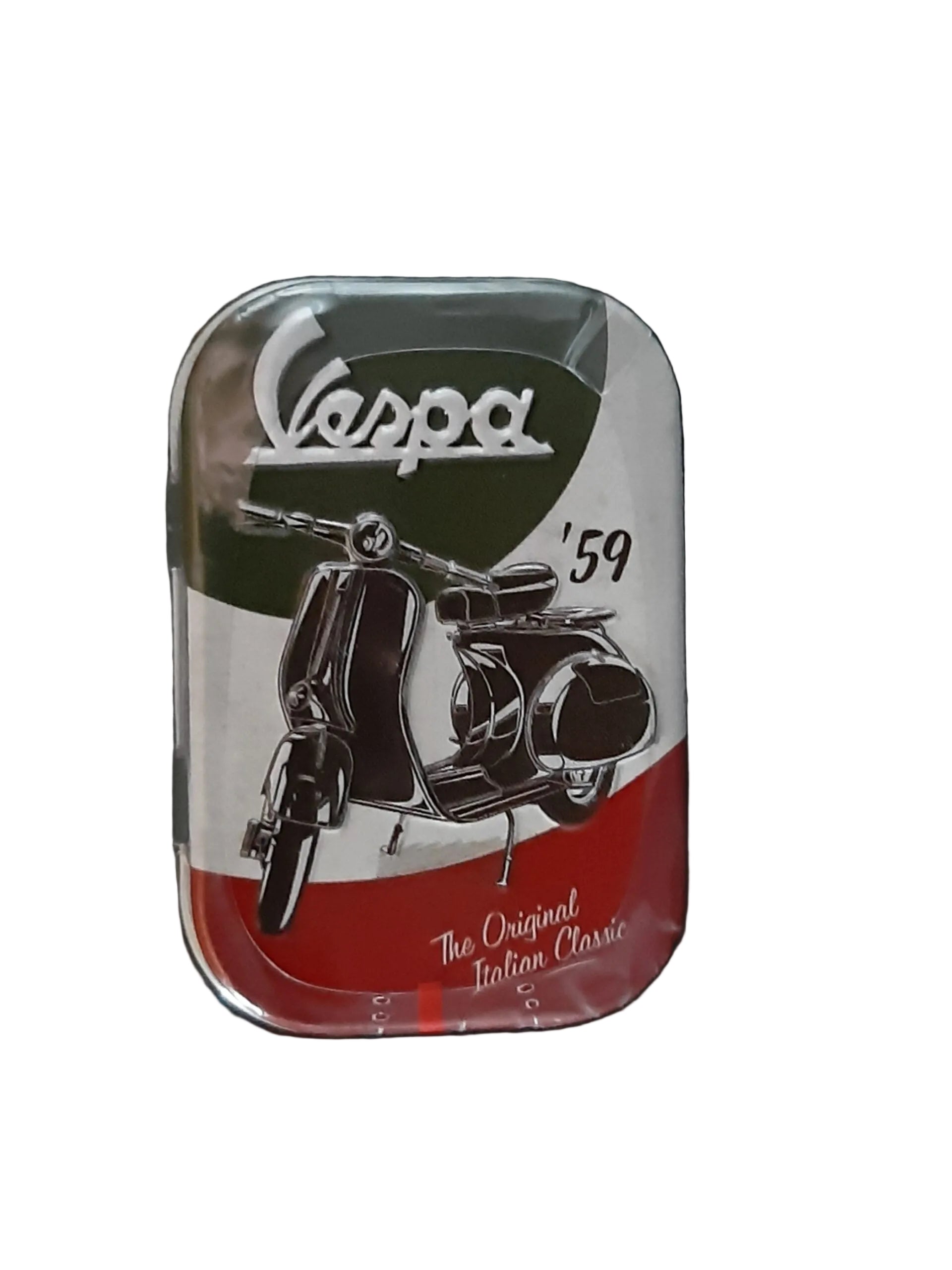 Pfefferminzbonbons in praktischer Metalldose, Zuckerfreie Pfefferminzpastillen mit Süßungsmitteln (hergestellt in Deutschland) Motiv: Vespa vor dem Hintergrund der Farben der italienischen Nationalflagge