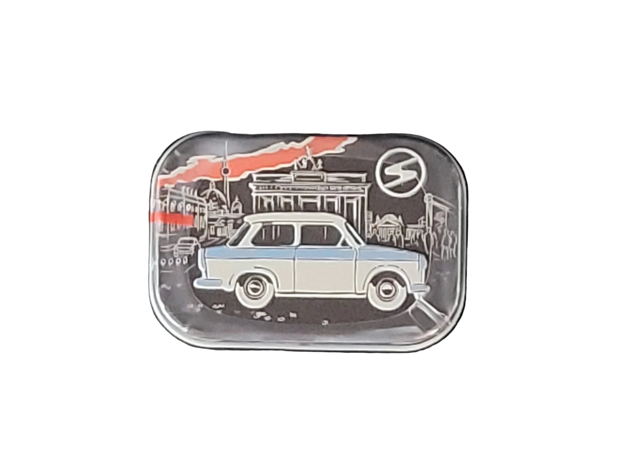 Pfefferminzbonbons in praktischer Metalldose, Zuckerfreie Pfefferminzpastillen mit Süßungsmitteln (hergestellt in Deutschland) Motiv: Trabant vor Brandenburger Tor
