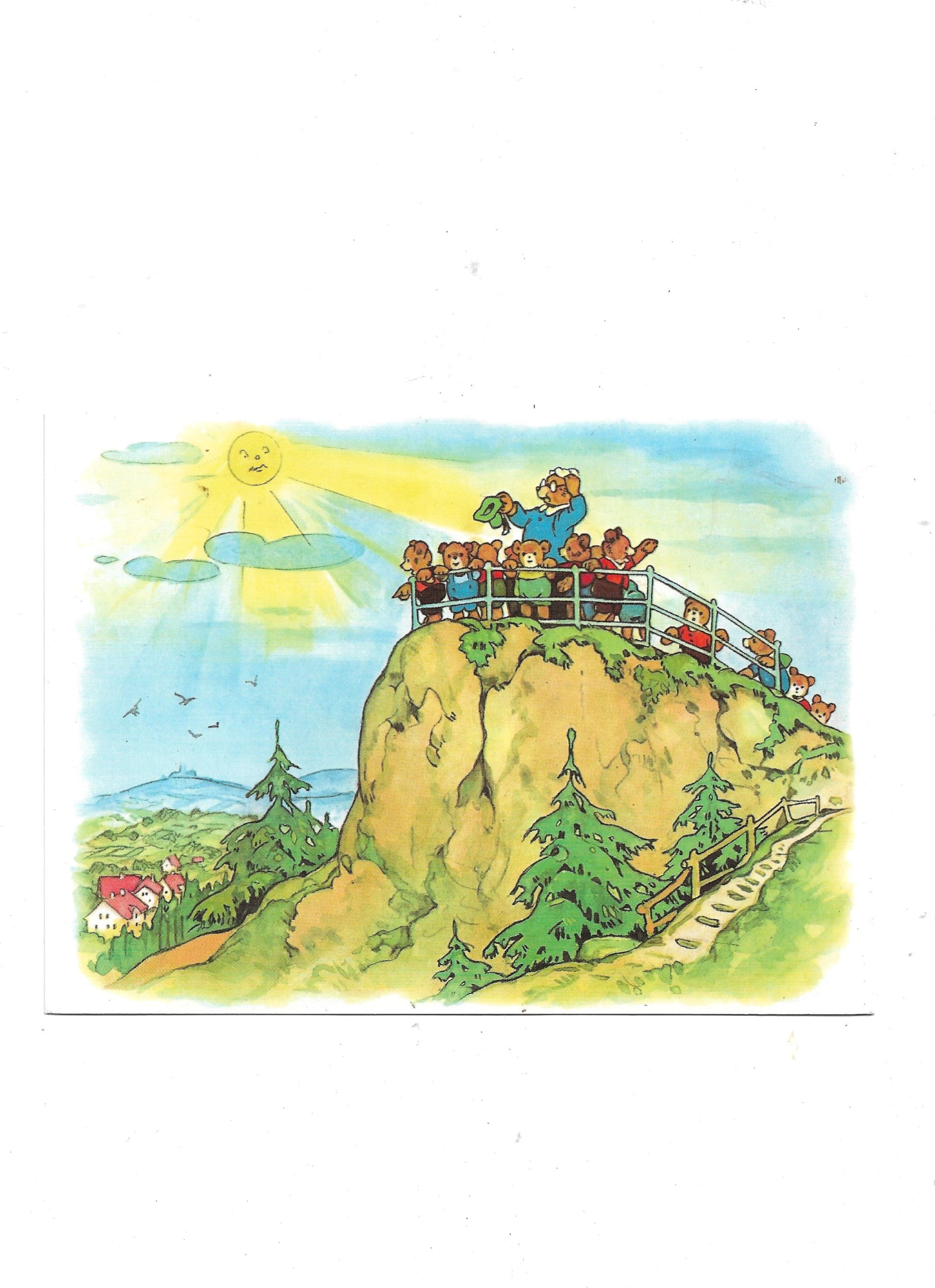„Postkarte A6 ‚Fritz Baumgarten – Teddy’s Schulausflug‘; stabiles Papier, satte Farben, gute Qualität, 10,5 × 14,8 cm, , guter Zustand, kleiner Fleck auf der Rückseite“