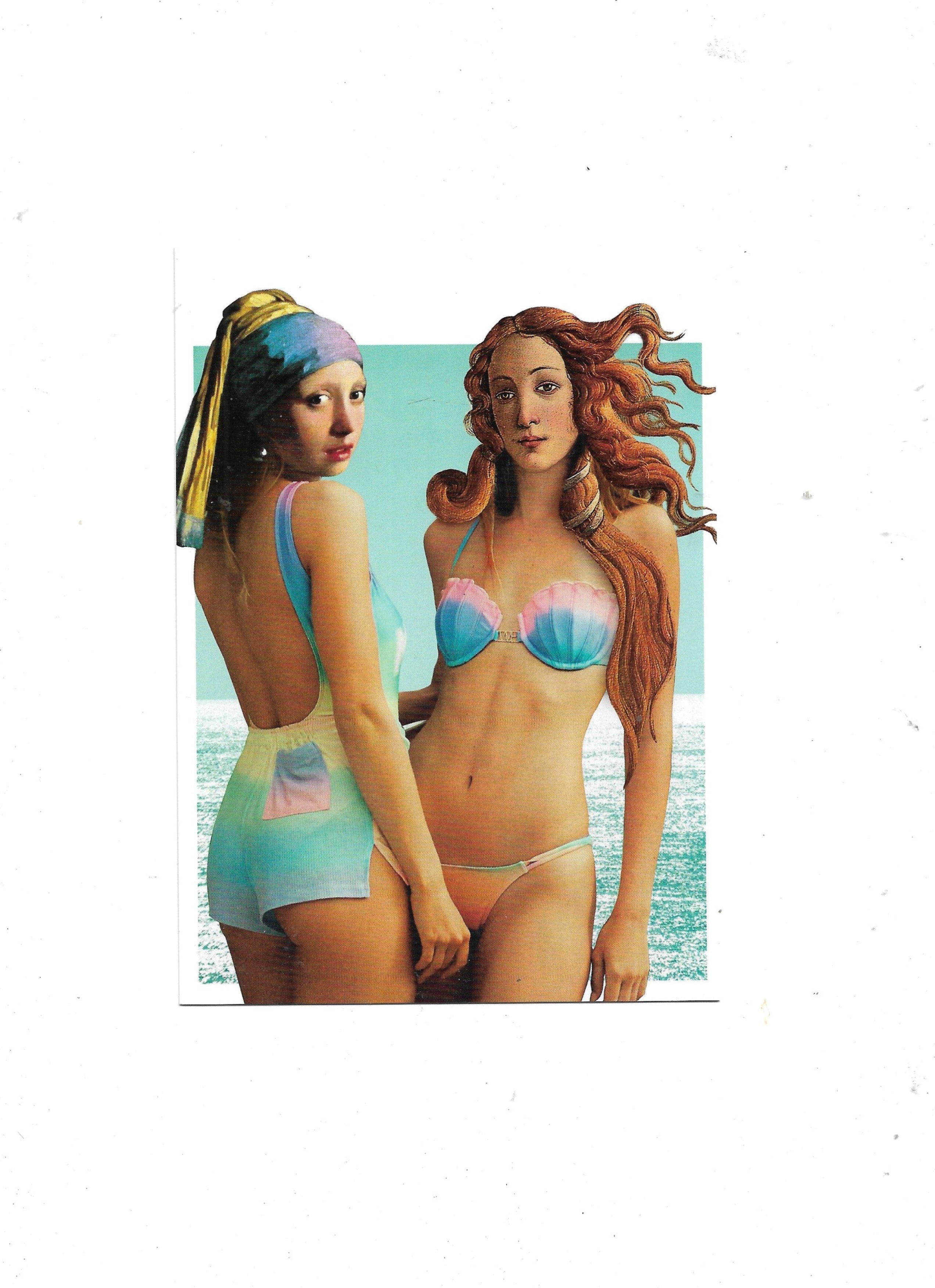 „Postkarte A6 Beach Girls mit Vermeer‑ und Botticelli‑Anspielungen, sommerliches Retro‑Strandmotiv, hochwertiges Papier, Anderskartig – Modern Times GmbH.“