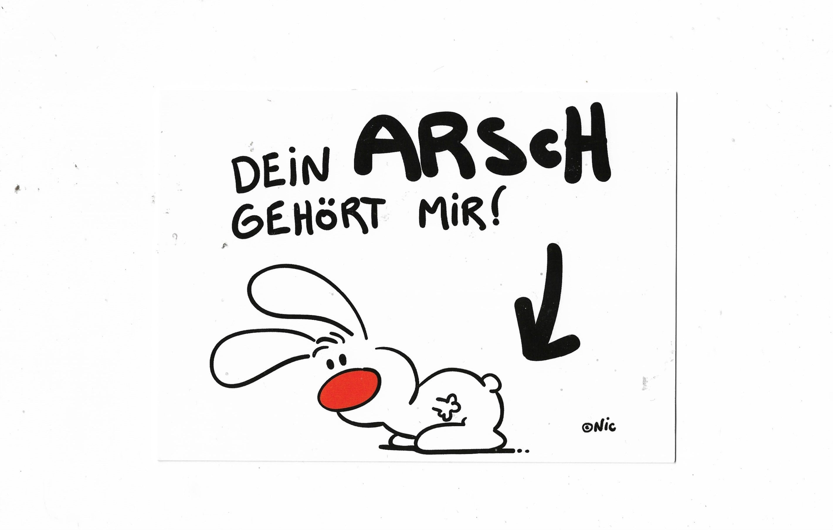 „Postkarte A6 mit provokantem Spruch ‚Dein Arsch gehört mir‘; farbig gedruckt auf stabilem Papier“